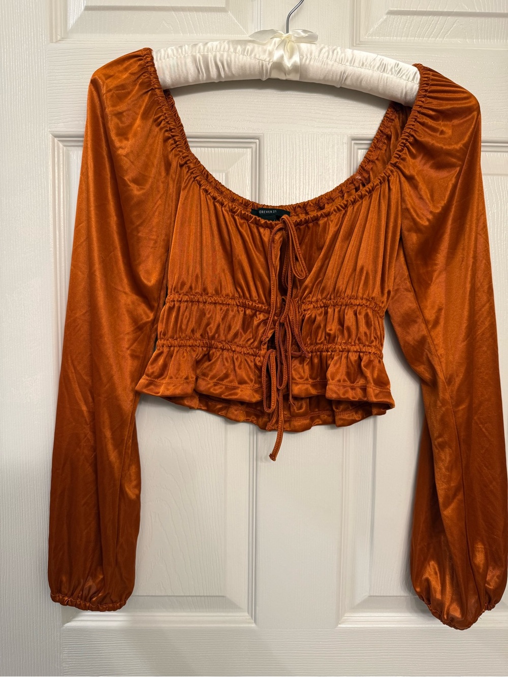 Forever 21 Ruched Satin Long-Sleeve Crop Top